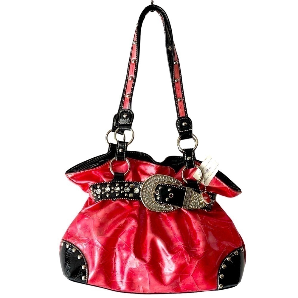 Pink Handbag Purse Rhinestone Diamond Belted Rivet Studded Boho Handbag Purse